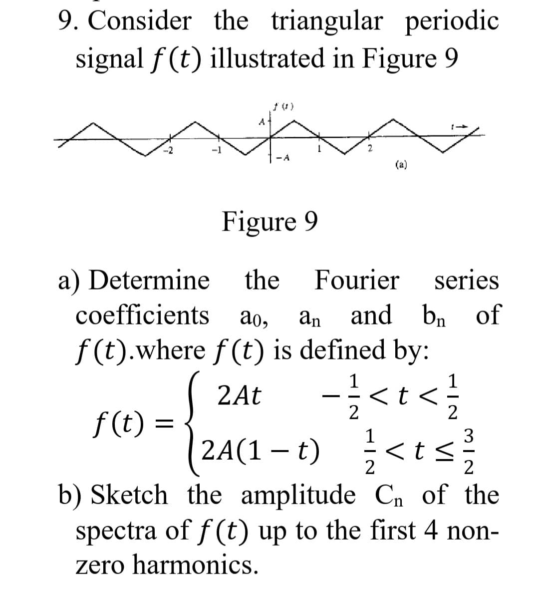 9. Consider the triangular periodic
signal f(t) illustrated in Figure 9
-2
A
-A
(a)
Figure 9
a) Determine the Fourier series
coefficients ao, an and b₁ of
f(t).where f(t) is defined by:
1
2 At
= = = < t < 1/1
2
f(t)
(2A(1-t)
2
C₁ of the
b) Sketch the amplitude
spectra of f(t) up to the first 4 non-
zero harmonics.
<t</