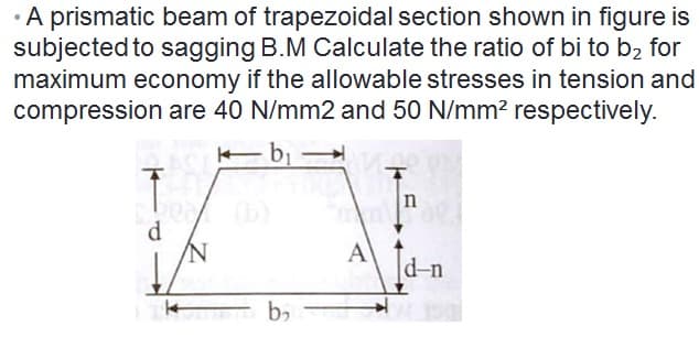 • A prismatic beam of trapezoidal section shown in figure is
subjected to sagging B.M Calculate the ratio of bi to b₂ for
maximum economy if the allowable stresses in tension and
compression are 40 N/mm2 and 50 N/mm² respectively.
k b₁
T
n
d
d-n
b₂
A