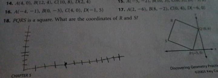 14. A(4. 0), B(12, 4), C10, 8), D(2, 4)
15.
16. A(-4, -1), B(O,-3), C4, 0), D(-1, 5)
17. A(2,-6), B(8,-2), CO, 4), DX-6,0)
18. PQRS is a square. What are the coordinates of R and S?
P(-3.0
Discovering Geometry Practic
02003 Key Cu
CHAPTER S
