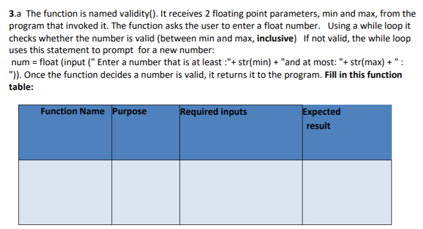 3.a The function is named validity(). It receives 2 floating point parameters, min and max, from the
program that invoked it. The function asks the user to enter a float number. Using a while loop it
checks whether the number is valid (between min and max, inclusive) If not valid, the while loop
uses this statement to prompt for a new number:
num = float (input (" Enter a number that is at least :"+ str(min) + "and at most: "+ str(max) + " :
")). Once the function decides a number is valid, it returns it to the program. Fill in this function
table:
Function Name Purpose
Required inputs
Expected
result
