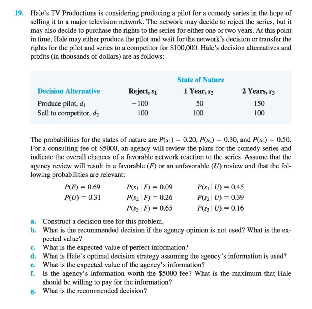 19. Hale's TV Productions is considering producing a pilot for a comedy series in the hope of
selling it to a major television network. The network may decide to reject the series, but it
may also decide to purchase the rights to the series for either one or two years. At this point
in time, Hale may either produce the pilot and wait for the network's decision or transfer the
rights for the pilot and series to a competitor for $100,000. Hale's decision alternatives and
profits (in thousands of dollars) are as follows:
State of Nature
1 Year, $2
Decision Alternative
Reject, $1
2 Years, $3
Produce pilot, d₁
-100
50
150
Sell to competitor, d₂
100
100
100
The probabilities for the states of nature are P(s₁) = 0.20, P(s₂) = 0.30, and P($3) = 0.50.
For a consulting fee of $5000, an agency will review the plans for the comedy series and
indicate the overall chances of a favorable network reaction to the series. Assume that the
agency review will result in a favorable (F) or an unfavorable (U) review and that the fol-
lowing probabilities are relevant:
P(F) = 0.69
P(S1F) = 0.09
P(S2|F) = 0.26
P(S1 | U) = 0.45
P(S2|U) = 0.39
P(U) = 0.31
P(S3F) = 0.65
P(S3 | U) = 0.16
a. Construct a decision tree for this problem.
b. What is the recommended decision if the agency opinion is not used? What is the ex-
pected value?
C. What is the expected value of perfect information?
d.
What is Hale's optimal decision strategy assuming the agency's information is used?
What is the expected value of the agency's information?
e.
f.
Is the agency's information worth the $5000 fee? What is the maximum that Hale
should be willing to pay for the information?
g. What is the recommended decision?