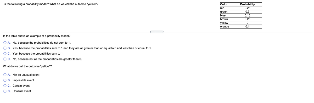 Is the following a probability model? What do we call the outcome "yellow"?
Color
Probability
red
0.25
0.3
green
blue
0.15
brown
0.25
yellow
orange
0.1
.....
Is the table above an example of a probability model?
O A. No, because the probabilities do not sum to 1.
B. Yes, because the probabilities sum to 1 and they are all greater than or equal to 0 and less than or equal to 1.
O C. Yes, because the probabilities sum to 1.
D. No, because not all the probabilities are greater than 0.
What do we call the outcome "yellow"?
A. Not so unusual event
B. Impossible event
C. Certain event
D. Unusual event
O O O
