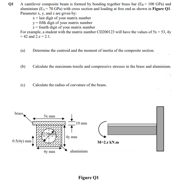 Q1
A cantilever composite beam is formed by bonding together brass bar (EB = 100 GPa) and
aluminium (EA = 70 GPa) with cross section and loading at free end as shown in Figure Q1.
Parameter x, y, and z are given by:
x = last digit of your matrix number
y = fifth digit of your matrix number
z = fourth digit of your matrix number
For example, a student with the matrix number CD200123 will have the values of 5x = 53, 4y
= 42 and 2.z = 2.1.
(a)
Determine the centroid and the moment of inertia of the composite section.
(b)
Calculate the maximum tensile and compressive stresses in the brass and aluminium.
(c)
Calculate the radius of curvature of the beam.
brass,
5x mm
10 mm
20mm
4y mm
0.5(4y) mm
M=2.z kN.m
4y mm
aluminium
Figure Q1
