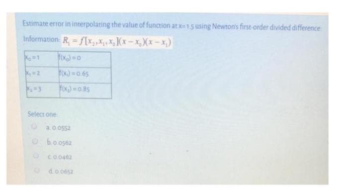 Estimate error in interpolating the value of function at x=1.5 using Newton's first-order divided difference
Information R,= f[x₂x₁, x₂](x-x₂)(x-x₂)
f(x)=0
X₂=1
X₁=2
X₂ = 3
Select one
f(x)=0.65
f(x₂)=0.85
a.0.0552
Ⓒb0.0562
ⒸC0.0462
Ⓒd.0.0652