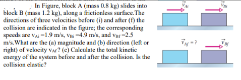 In Figure, block A (mass 0.8 kg) slides into
block B (mass 1.2 kg), along a frictionless surface.The
directions of three velocities before (i) and after (f) the
collision are indicated in the figure; the corresponding
speeds are vAi =1.9 m/s, VBj =4.9 m/s, and ver =2.5
m/s. What are the (a) magnitude and (b) direction (left or
right) of velocity Var? (c) Calculate the total kinetic
energy of the system before and after the collision. Is the
collision elastic?
