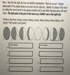 Won - lokinta the night siy fon our Nothem Henisphere What de yau see Inagine
seeing each of the pheses below as you look into the night sk. Iderty the phases of the moon
by wting the coredt bems in the spacs proidet net to each lete hat goes along with ench
moon. The dark part is the part of the moon you CAANOT see in the night sky
Fl Mon, Nen Man, Nalng Osart, Virig Cecert, Maing atos, Weing ibas, At
Qurtr, Thid Qarter lat Quate
00000000
New Moon
Ful Moon
