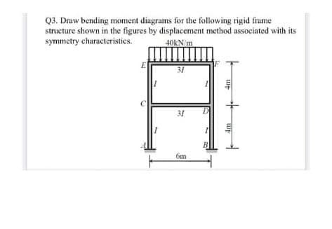 Q3. Draw bending moment diagrams for the following rigid frame
structure shown in the figures by displacement method associated with its
symmetry characteristics.
40KN m
E
31
31
B
6m
