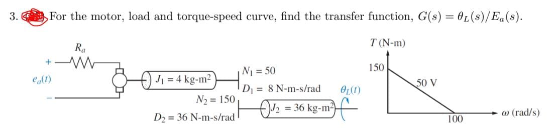 3.
For the motor, load and torque-speed curve, find the transfer function, G(s) = 0L (s)/Ea(s).
T (N-m)
+
ea(t)
Ra
www
J₁ = 4 kg-m²
N₁ = 50
D₁
N₂ = 150
D₂ = 36 N-m-s/rad
8 N-m-s/rad
½₂-36 kg-m²
OL(1)
150
50 V
100
w (rad/s)