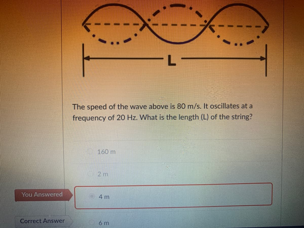 L
The speed of the wave above is 80 m/s. It oscillates at a
frequency of 20 Hz. What is the length (L) of the string?
160 m
2 m
You Answered
4 m
Correct Answer
6 m
