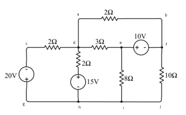 2Ω
a
b
10V
d
3Ω
f
ww
+
20
20V
8Ω
10Ω
15V
h
