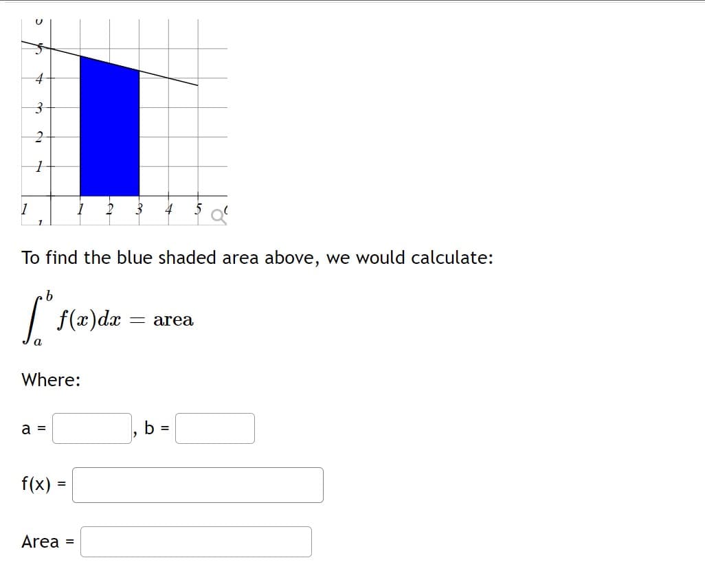 1
3
4
To find the blue shaded area above, we would calculate:
9.
f(x)dæ
= area
Where:
a =
b =
f(x)
Area =
