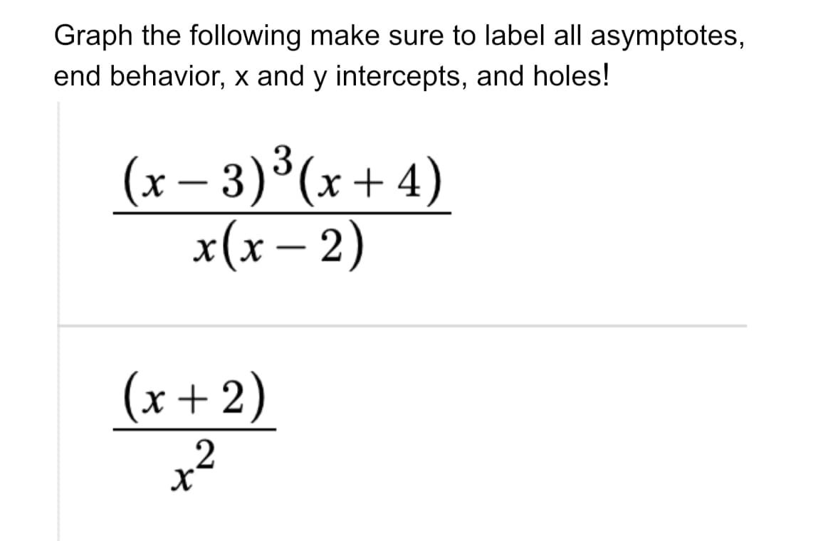 Graph the following make sure to label all asymptotes,
end behavior, x and y intercepts, and holes!
(х-3)3 (х+4)
x(х — 2)
(x+2)
x²
