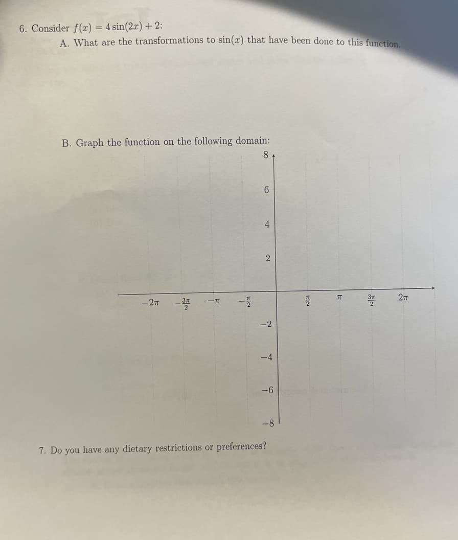 6. Consider f(x) = 4 sin(2x) +2:
A. What are the transformations to sin(x) that have been done to this function.
B. Graph the function on the following domain:
8
2π
- 211 - 32
-2
-4
-6
-8
7. Do you have any dietary restrictions or preferences?
-π -2/2
6
4
2
kla
E
TT