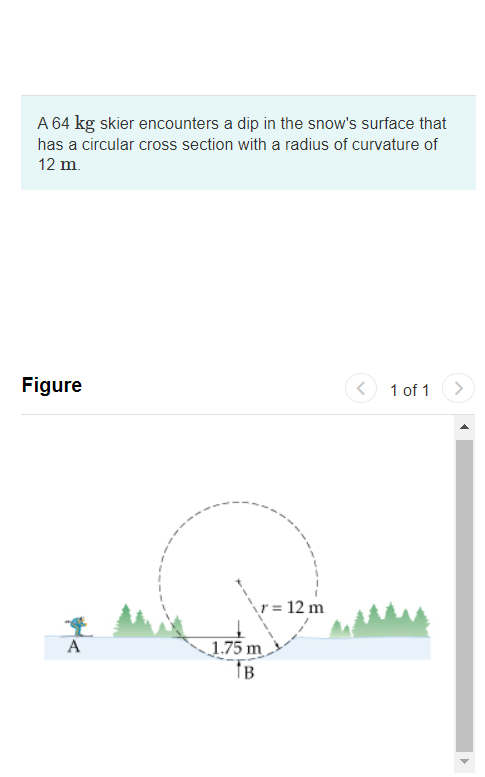 A 64 kg skier encounters a dip in the snow's surface that
has a circular cross section with a radius of curvature of
12 m.
Figure
1 of 1
<>
\r = 12 m
A
1.75 m
