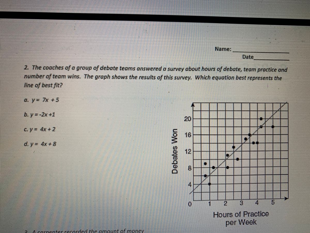 Name:
Date
2. The coaches of a group of debate teams answered a survey about hours of debate, team practice and
number of team wins. The graph shows the results of this survey. Which equation best represents the
line of best fit?
a. y= 7x +5
b. y = -2x +1
C.y= 4x + 2
16
d. y = 4x + 8
0.
1 2
3 4
5.
Hours of Practice
per Week
4carnenterrerorded the omount.of .money
20
12
8.
Debates Won

