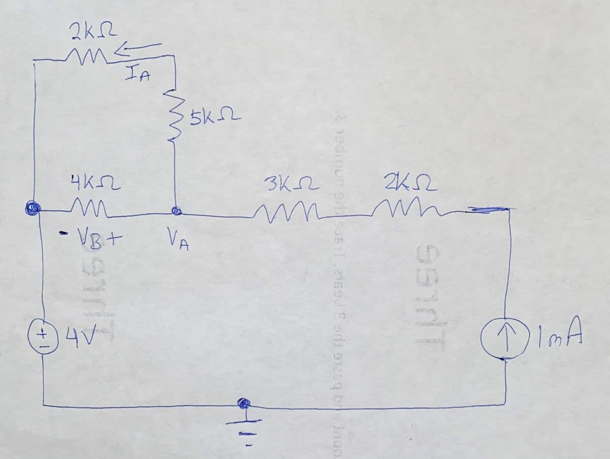 ### Circuit Analysis Diagram

The diagram displays an electrical circuit with several resistors, a DC voltage source, a current source, and nodes identified as VA and VB. Below is a detailed description of the circuit components and their connections:

1. **Voltage Source (4V)**
    - The circuit includes a 4V DC voltage source, with the positive terminal connected to a node which is labeled as VB+ and the negative terminal connected to ground.
  
2. **Current Source (1mA)**
    - There is a 1mA current source located on the right side of the circuit. The current source is oriented to supply current in the upward direction.

3. **Resistors**
    - The circuit consists of five resistors with the following values: 
        - \(2k\Omega\) 
        - \(4k\Omega\) 
        - \(5k\Omega\) 
        - \(3k\Omega\) 
        - Additional \(2k\Omega\)
  
4. **Nodes**
    - Two nodes of interest in the circuit are labeled as \(VA\) and \(VB\).
    - \(VA\) is positioned between the \(4k\Omega\) and \(3k\Omega\) resistors.
    - \(VB\) is positioned between the voltage source and the \(4k\Omega\) resistor.

5. **Connections between Components**
    - The positive terminal of the 4V voltage source is connected to a node \(VB+\), to which the \(4k\Omega\) resistor is connected.
    - The \(4k\Omega\) resistor is then connected to node \(VA\).
    - \(VA\) is connected to a series of two resistors (\(3k\Omega\) and \(2k\Omega\)) leading to the positive terminal of the 1mA current source.
    - The negative terminal of the current source is connected back to the negative terminal of the voltage source, completing the loop.
    - Additionally, from the node after the \(4k\Omega\) resistor, there are two other resistors: a \(2k\Omega\) resistor (through which current \(I_A\) is labeled) connected to node \(VB\) and a \(5k\Omega\) resistor connected between this node and another node aligning with the parallel combination of \(2k\Omega\)