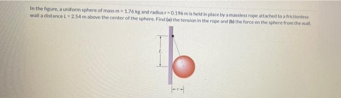 In the figure, a uniform sphere of mass m-1.76 kg and radius r0.196 m is held in place by a massless rope attached to a frictioniess
wall a distance L 254 m above the center of the sphere. Find (a) the tension in the rope and (b) the force on the sphere from the wall.
