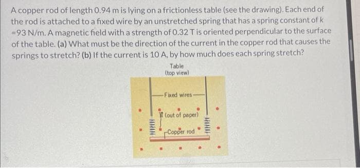 A copper rod of length 0.94 m is lying on a frictionless table (see the drawing). Each end of
the rod is attached to a fixed wire by an unstretched spring that has a spring constant of k
=93 N/m. A magnetic field with a strength of 0.32 T is oriented perpendicular to the surface
of the table. (a) What must be the direction of the current in the copper rod that causes the
springs to stretch? (b) If the current is 10 A, by how much does each spring stretch?
Table
(top view)
Fixed wires :
(out of paper)
Copper rod
MARIE