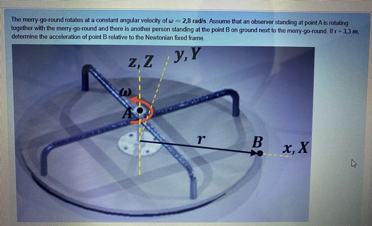 The mery-go-round rotates at a constant angular velocity of w = 2,8 rad/s. Assume that an observer standing at point A is rotating
together with the merry-go-round and there is another person standing at the point B on ground next to the merry-go-round. If r= 3,3 m,
determine the acceleration of point B relative to the Newtonian fixed frame.
z, Z Y,Y
- x, Χ
