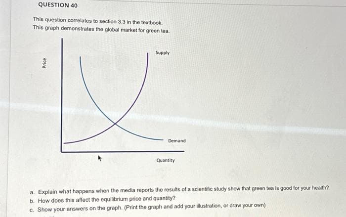 QUESTION 40
This question correlates to section 3.3 in the textbook.
This graph demonstrates the global market for green tea.
Price
Supply
L
Demand
Quantity
a. Explain what happens when the media reports the results of a scientific study show that green tea is good for your health?
b. How does this affect the equilibrium price and quantity?
c. Show your answers on the graph. (Print the graph and add your illustration, or draw your own)