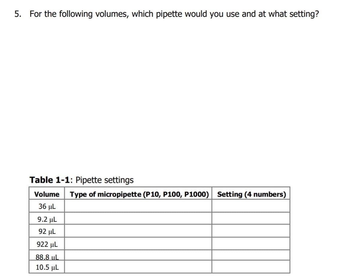 5. For the following volumes, which pipette would you use and at what setting?
Table 1-1: Pipette settings
Volume Type of micropipette (P10, P100, P1000) Setting (4 numbers)
36 μL
9.2 µl
92 µl
922 µl
88.8 uL
10.5 µL
