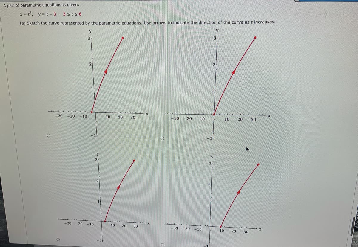 A pair of parametric equations is given.
x=t², y=t-3, 3 st≤6
(a) Sketch the curve represented by the parametric equations. Use arrows to indicate the direction of the curve as t increases.
y
y
3
X
X
-30-20 -10
O
O
-1
3
-30-20 -10
10
10
20 30
20 30
O
O
-30 -20 -10
-30 - 20
-10
3
2
2
1
11
3
10
10
20
20
30
30
X