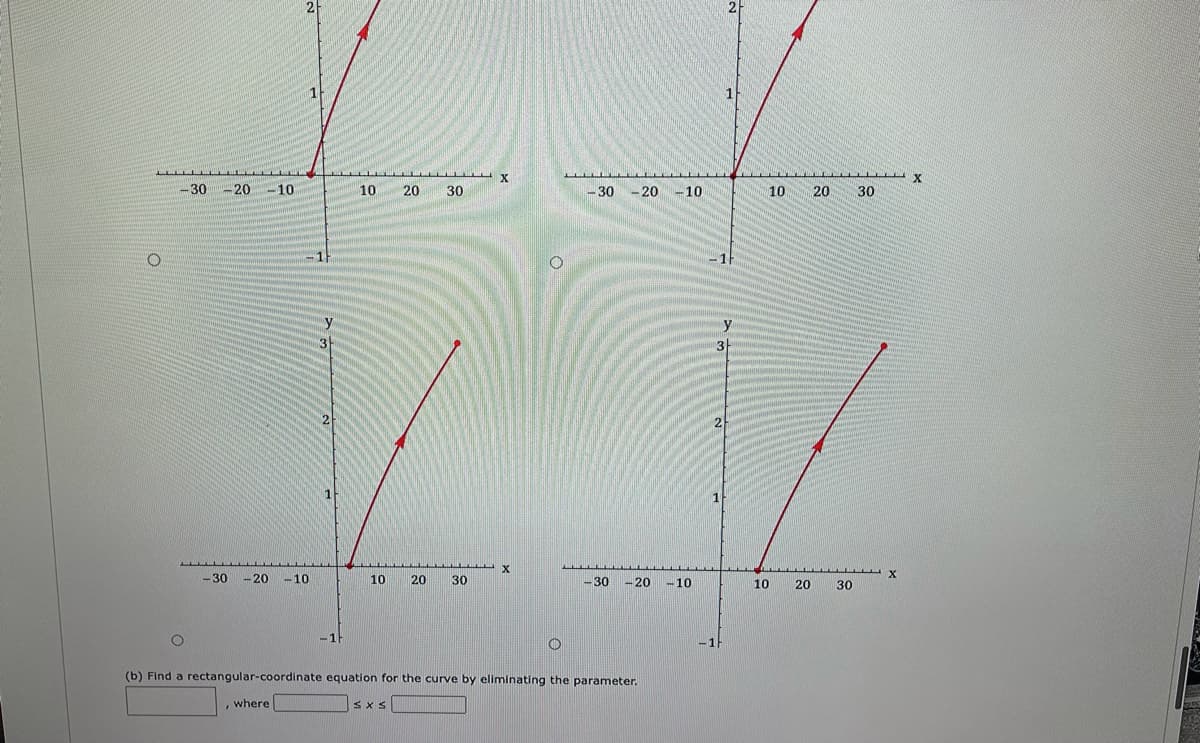 -30-20-10
2
1
10 20
21
30
X
O
-30 -20 -10
X
-30
-20 -10
10 20 30
-30 -20 -10
(b) Find a rectangular-coordinate equation for the curve by eliminating the parameter.
, where
SXS
-1
1
31
10 20
10 20
30
30
X
X