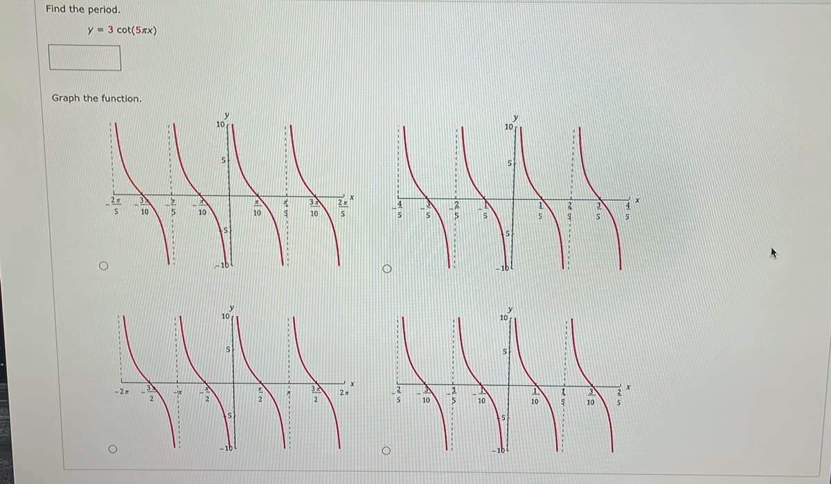 Find the period.
y = 3 cot(5x)
Graph the
function.
10
12
15
10
10
10
10
5
10
10
10
10
-1t
