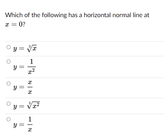 Which of the following has a horizontal normal line at
x = 0?
y = Va
-
y =
x²
1
Y =
||
