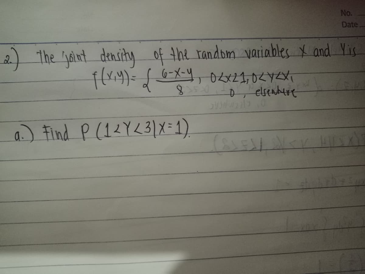 No.
Date
2) The alnt density of the random vatiables x and Yis
0, elsentere
a) Find P (12Y<31X=1)
