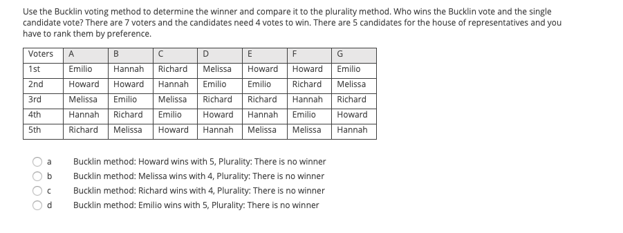 Use the Bucklin voting method to determine the winner and compare it to the plurality method. Who wins the Bucklin vote and the single
candidate vote? There are 7 voters and the candidates need 4 votes to win. There are 5 candidates for the house of representatives and you
have to rank them by preference.
Voters
A
B
D
E
F
G
Emilio
| Hannah Richard Melissa Howard Howard Emilio
Howard
1st
2nd
Howard
Hannah
Emilio
Emilio
Richard
Melissa
3rd
Melissa
Emilio
Melissa
Richard
Richard
Hannah
Richard
4th
Hannah
Richard
Emilio
Howard
Hannah
Emilio
Howard
5th
Richard
Melissa
Howard Hannah Melissa
Melissa
Hannah
a
Bucklin method: Howard wins with 5, Plurality: There is no winner
b
Bucklin method: Melissa wins with 4, Plurality: There is no winner
Bucklin method: Richard wins with 4, Plurality: There is no winner
d.
Bucklin method: Emilio wins with 5, Plurality: There is no winner
O000
