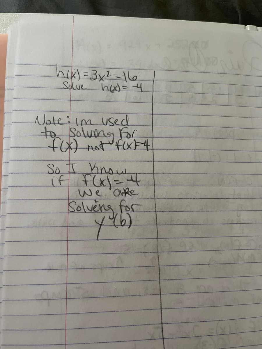 MGY 124y+253/0
San
h(x) = 3x² -16
Solve
h(x) = -4
Note: Im used
to Solving for
f(x) not f(xF-4
So I know
if F(x) = -4
We arke
Solving for
X (6)