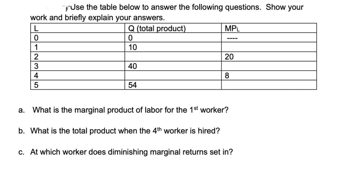 rUse the table below to answer the following questions. Show your
work and briefly explain your answers.
Q (total product)
MPL
----
1
10
20
40
8
54
a. What is the marginal product of labor for the 1st worker?
b. What is the total product when the 4th worker is hired?
c. At which worker does diminishing marginal returns set in?
