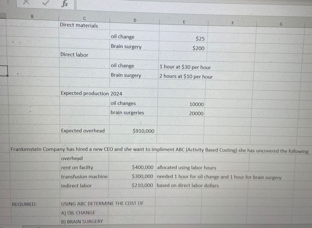 C
X
B
fix
REQUIRED:
C
Direct materials
Direct labor
Expected overhead
Expected production 2024
D
oil change
Brain surgery
rent on facilty
transfusion machine
indirect labor
oil change
Brain surgery
oil changes
brain surgeries
$910,000
E
$25
$200
USING ABC DETERMINE THE COST OF
A) OIL CHANGE
B) BRAIN SURGERY
1 hour at $30 per hour
2 hours at $10 per hour
10000
20000
Frankenstein Company has hired a new CEO and she want to impliment ABC (Activity Based Costing) she has uncovered the following
overhead
F
G
$400,000 allocated using labor hours
$300,000 needed 1 hour for oil change and 1 hour for brain surgery
$210,000 based on direct labor dollars