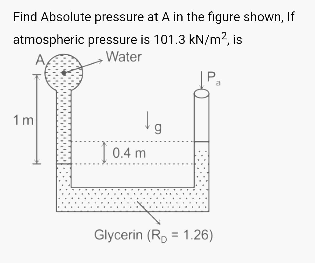 Find Absolute pressure at A in the figure shown, If
atmospheric pressure is 101.3 kN/m², is
A
Water
a
1m
lg
0.4 m
Glycerin (RD = 1.26)