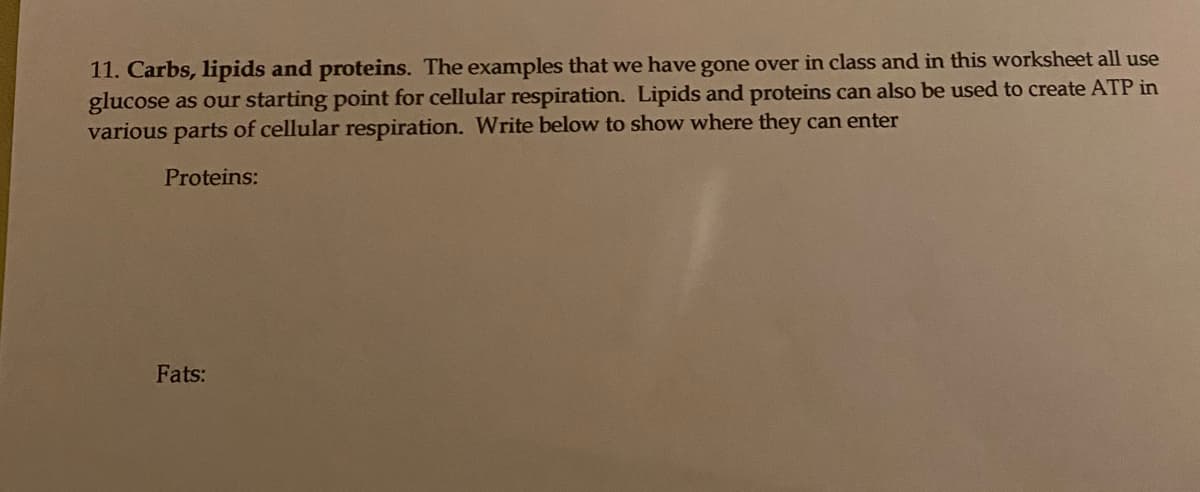 11. Carbs, lipids and proteins. The examples that we have gone over in class and in this worksheet all use
glucose as our starting point for cellular respiration. Lipids and proteins can also be used to create ATP in
various parts of cellular respiration. Write below to show where they can enter
Proteins:
Fats:
