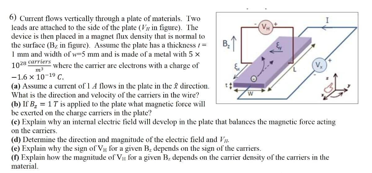 6) Current flows vertically through a plate of materials. Two
leads are attached to the side of the plate (VH in figure). The
device is then placed in a magnet flux density that is normal to
the surface (Bz in figure). Assume the plate has a thickness t =
1 mm and width of w=5 mm and is made of a metal with 5 ×
1028.
VH
B.1
carriers
where the carrier are electrons with a charge of
m3
-1.6 x 10-19 C.
(a) Assume a current of 1 A flows in the plate in the £ direction.
What is the direction and velocity of the carriers in the wire?
(b) If Bz = 1T is applied to the plate what magnetic force will
be exerted on the charge carriers in the plate?
(c) Explain why an internal electric field will develop in the plate that balances the magnetic force acting
on the carriers.
(d) Determine the direction and magnitude of the electric field and VH.
(e) Explain why the sign of VH for a given Bz depends on the sign of the carriers.
(f) Explain how the magnitude of Ví for a given Bz depends on the carrier density of the carriers in the
material.
