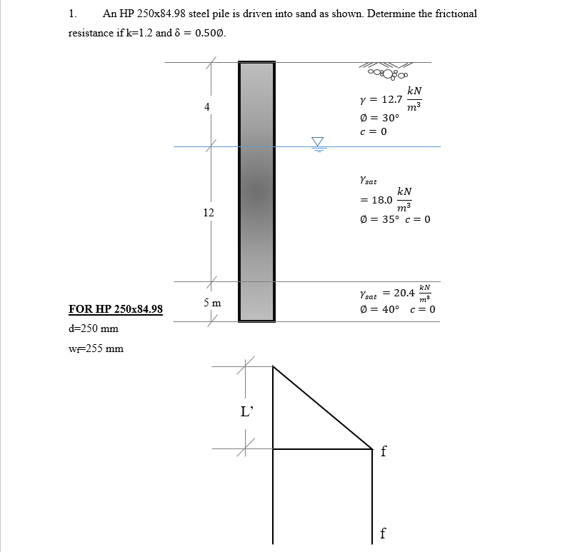 An HP 250x84.98 steel pile is driven into sand as shown. Determine the frictional
resistance if k-1.2 and 8 = 0.500.
1.
FOR HP 250x84.98
d=250 mm
w=255 mm
12
5 m
+
L'
*
0800
y = 12.7
Ø= 30°
c=0
Ysat
= 18.0
m³
Ø 35° c = 0
kN
m³
f
f
kN
Ysat = 20.4
Ø 40°
=
kN
m²
c=0