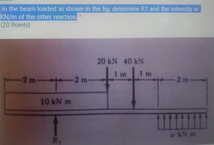 In the beam loaded as shown in the fig, determine R1 and the intensity w
KN/m of the other reaction.*
(20 Points)
20 kN 40 kN
ni
-2 m
2 m
2 m
10 kN m
w kN m
