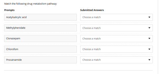 Match the following drug metabolism pathway
Prompts
Submitted Answers
Acetylsalicylic acid
Choose a match
Methylphenidate
Choose a match
Clonazepam
Choose a match
Chlorofom
Choose a match
Procainamide
Choose a match
