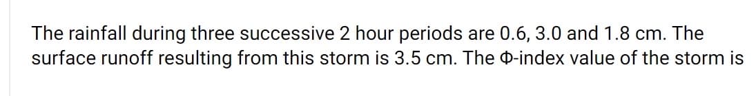 The rainfall during three successive 2 hour periods are 0.6, 3.0 and 1.8 cm. The
surface runoff resulting from this storm is 3.5 cm. The 0-index value of the storm is
