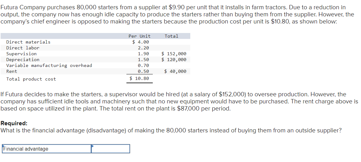 Futura Company purchases 80,000 starters from a supplier at $9.90 per unit that it installs in farm tractors. Due to a reduction in
output, the company now has enough idle capacity to produce the starters rather than buying them from the supplier. However, the
company's chief engineer is opposed to making the starters because the production cost per unit is $10.80, as shown below:
Direct materials
Direct labor
Supervision
Depreciation
Variable manufacturing overhead
Per Unit
Total
$ 4.00
2.20
1.90
$ 152,000
1.50
$ 120,000
0.70
0.50
$ 10.80
$ 40,000
Rent
Total product cost
If Futura decides to make the starters, a supervisor would be hired (at a salary of $152,000) to oversee production. However, the
company has sufficient idle tools and machinery such that no new equipment would have to be purchased. The rent charge above is
based on space utilized in the plant. The total rent on the plant is $87,000 per period.
Required:
What is the financial advantage (disadvantage) of making the 80,000 starters instead of buying them from an outside supplier?
Financial advantage
