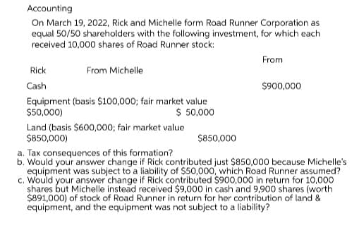 Accounting
On March 19, 2022, Rick and Michelle form Road Runner Corporation as
equal 50/50 shareholders with the following investment, for which each
received 10,000 shares of Road Runner stock:
Rick
Cash
From Michelle
Equipment (basis $100,000; fair market value
$50,000)
$ 50,000
Land (basis $600,000; fair market value
$850,000)
From
$900,000
$850,000
a. Tax consequences of this formation?
b. Would your answer change if Rick contributed just $850,000 because Michelle's
equipment was subject to a liability of $50,000, which Road Runner assumed?
c. Would your answer change if Rick contributed $900,000 in return for 10,000
shares but Michelle instead received $9,000 in cash and 9,900 shares (worth
$891,000) of stock of Road Runner in return for her contribution of land &
equipment, and the equipment was not subject to a liability?