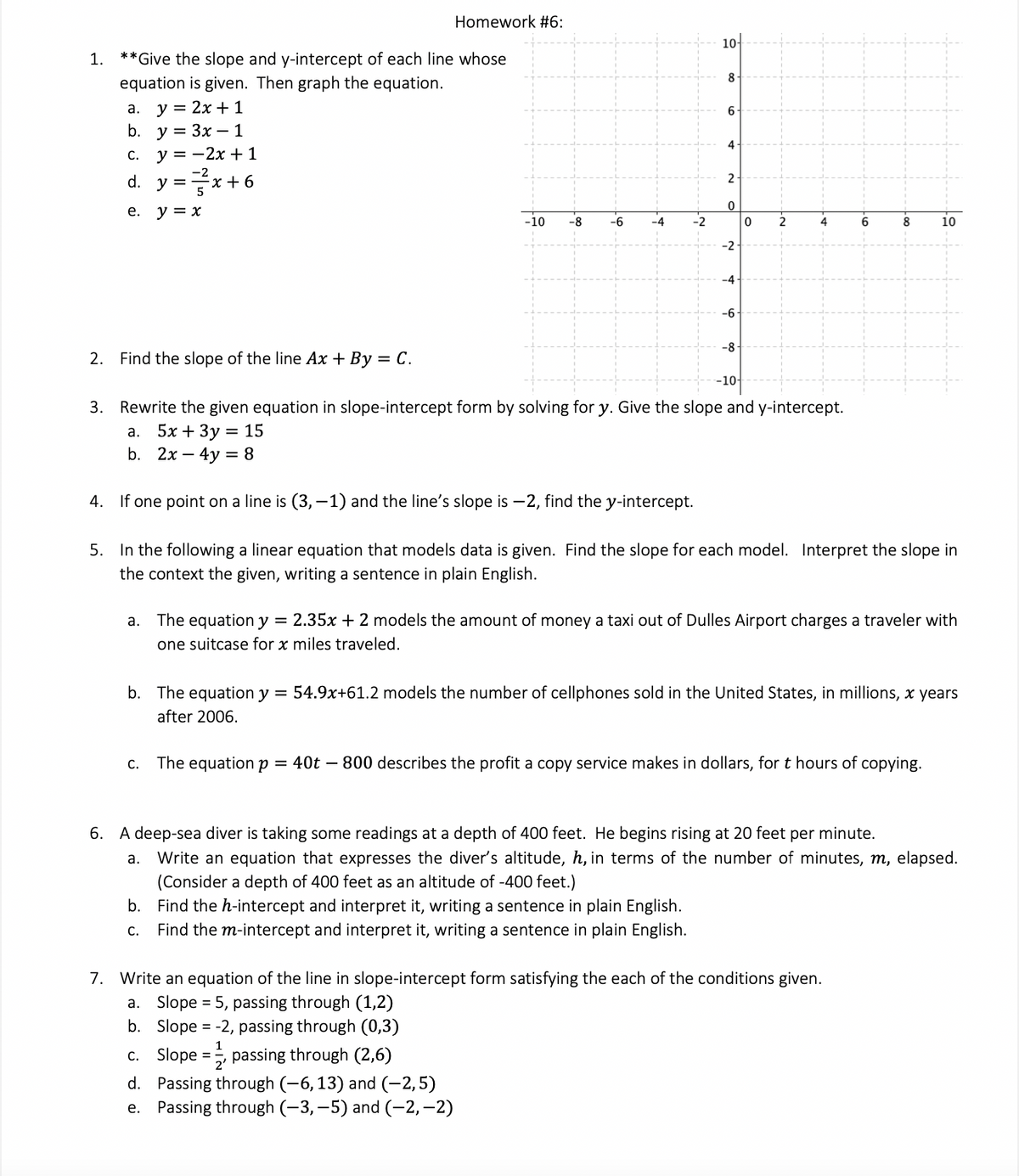 1. **Give the slope and y-intercept of each line whose
equation is given. Then graph the equation.
a. y = 2x+1
b.
y = 3x - 1
c. y = -2x + 1
d.
y=x+
e. y = x
2.
Find the slope of the line Ax+By = C.
a.
=
C.
Homework #6:
-10 -8
The equation p
-6
-4
-2
10-
d. Passing through (-6, 13) and (-2,5)
e. Passing through (-3,-5) and (-2,-2)
8
6
4
2
0
-2
-6-
-8
--10-
0
2
3. Rewrite the given equation in slope-intercept form by solving for y. Give the slope and y-intercept.
a.
5x + 3y
15
b. 2x - 4y = 8
4. If one point on a line is (3,-1) and the line's slope is -2, find the y-intercept.
5.
In the following a linear equation that models data is given. Find the slope for each model. Interpret the slope in
the context the given, writing a sentence in plain English.
4
6
8
The equation y = 2.35x + 2 models the amount of money a taxi out of Dulles Airport charges a traveler with
one suitcase for x miles traveled.
b. The equation y = 54.9x+61.2 models the number of cellphones sold in the United States, in millions, x years
after 2006.
10
= 40t - 800 describes the profit a copy service makes in dollars, for t hours of copying.
7. Write an equation of the line in slope-intercept form satisfying the each of the conditions given.
a. Slope = 5, passing through (1,2)
b. Slope = -2, passing through (0,3)
1
c. Slope == passing through (2,6)
6. A deep-sea diver is taking some readings at a depth of 400 feet. He begins rising at 20 feet per minute.
a.
Write an equation that expresses the diver's altitude, h, in terms of the number of minutes, m, elapsed.
(Consider a depth of 400 feet as an altitude of -400 feet.)
b. Find the h-intercept and interpret it, writing a sentence in plain English.
C. Find the m-intercept and interpret it, writing a sentence in plain English.