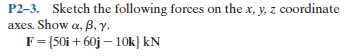 P2-3. Sketch the following forces on the x, y, z coordinate
axes. Show a, B, y.
F= {50i + 60j – 10k} kN
