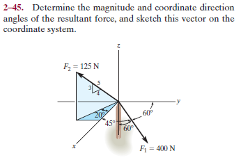 2-45. Determine the magnitude and coordinate direction
angles of the resultant force, and sketch this vector on the
coordinate system.
F2 = 125 N
60°
45
60
F = 400 N
