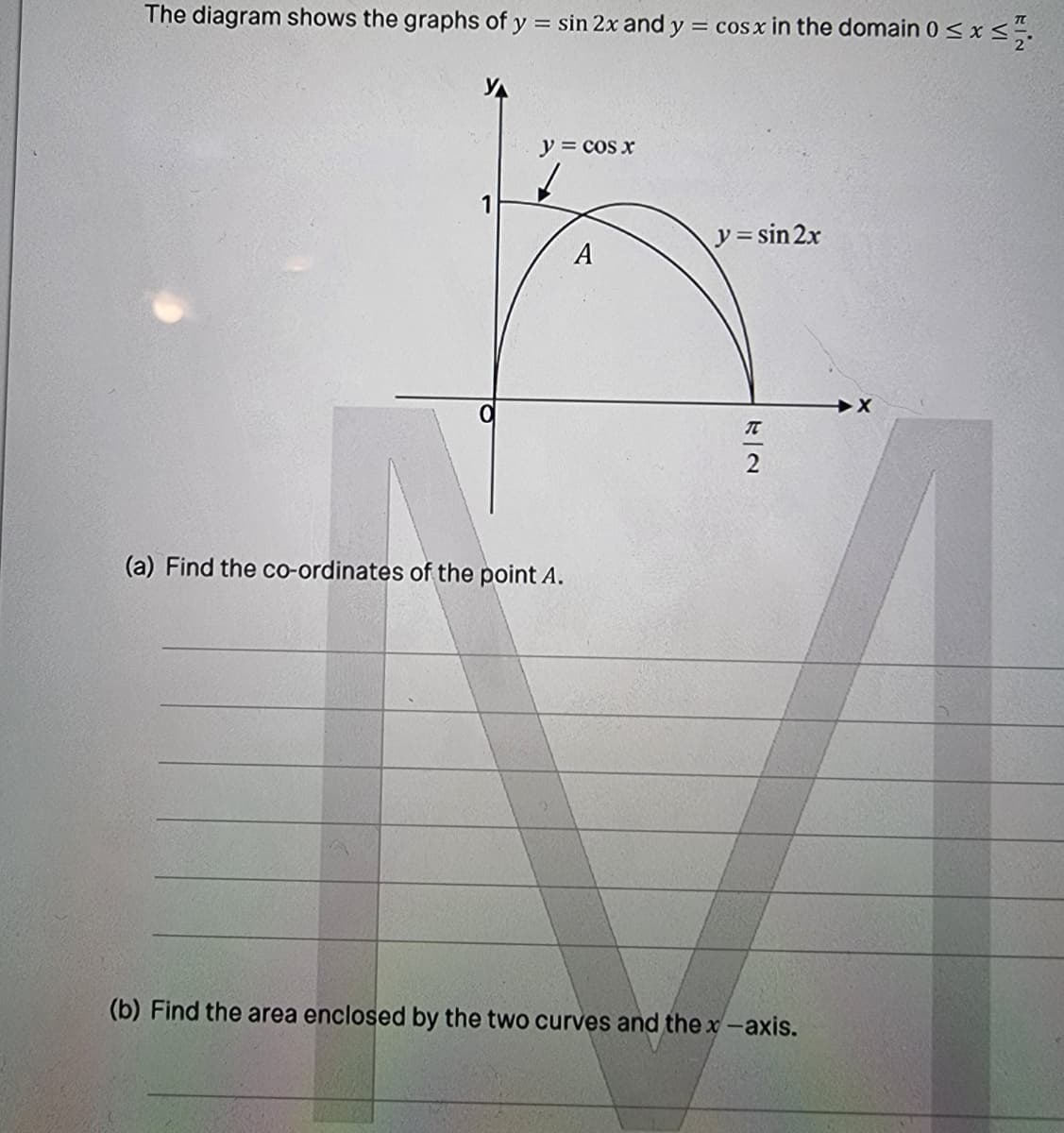 The diagram shows the graphs of y = sin 2x and y = cosx in the domain 0 < x<.
y = cos x
1
y = sin 2x
A
(a) Find the co-ordinates of the point A.
(b) Find the area enclosed by the two curves and the x-axis.
