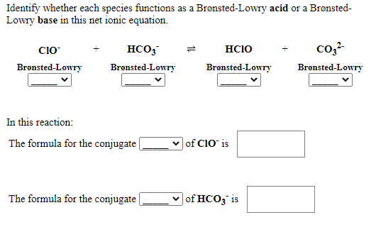 Identify whether each species functions as a Brønsted-Lowry acid or a Brønsted-
Lowry base in this net ionic equation.
HCO3
co,-
Cio
HCIO
Brønsted-Lowry
Bronsted-Lowry
Brønsted-Lowry
Bronsted-Lowry
In this reaction:
The formula for the conjugate
v of C10 is
The formula for the conjugate
v of HCO3 is
