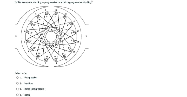 Is this armature winding a progressive or a retro-progressive winding?
13-
Ripost
Select one:
O a. Progressive
O b. Neither
OC Retro-progressive
O d. Both
10
1.000.
16
15
13
14