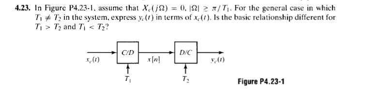 4.23. In Figure P4.23-1, assume that X,(j2) = 0, |2| 2 x/T,. For the general case in which
T, # T; in the system, express y.(1) in terms of x,(1). Is the basic relationship different for
T, > T2 and Tj < T2?
C/D
D/C
x,(1)
x[n]
T
Figure P4.23-1
